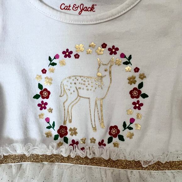 Cat & Jack Dress Girls 2T White Gold Tulle Long Sleeve Deer Floral Christmas - Picture 5 of 11